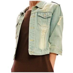 Hixiaohe Women's 3/4 Sleeve Jean‎ Jacket Distressed Boho XS